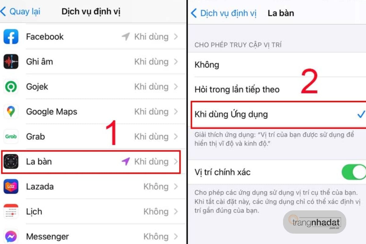 Bật định vị cho ứng dụng La bàn